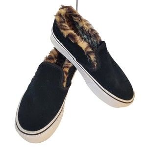 Vans Off The Wall Womens Black Canvas Slip On Fur Lined Sneakers Shoes Size 6.5